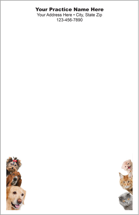 Half-size veterinary notepad featuring dog portraits along the lower left edge and cat portraits along the lower right edge with practice information at the top.

