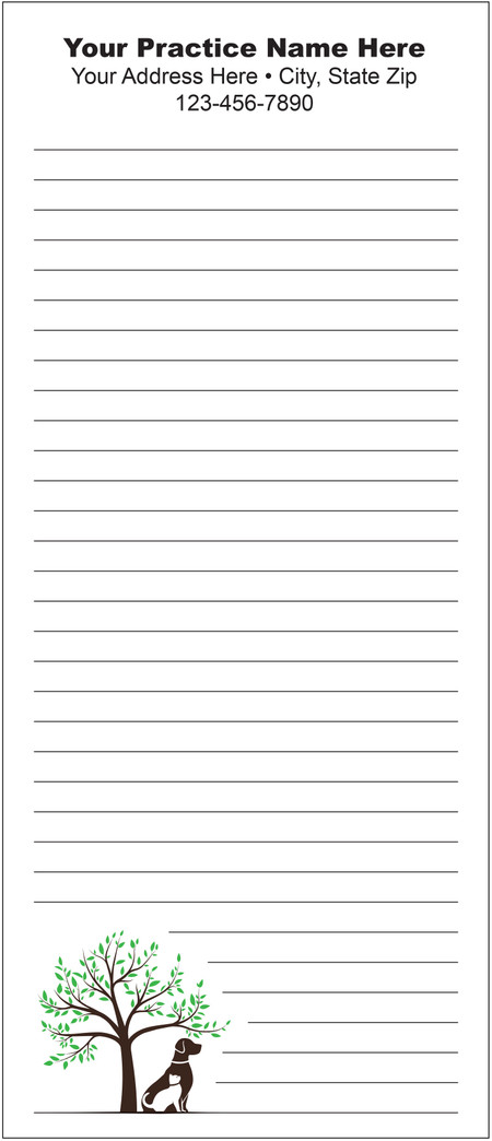 Tall veterinary notepad with lined writing space, a leafy tree illustration, and dog and cat silhouettes positioned near the lower left corner.

