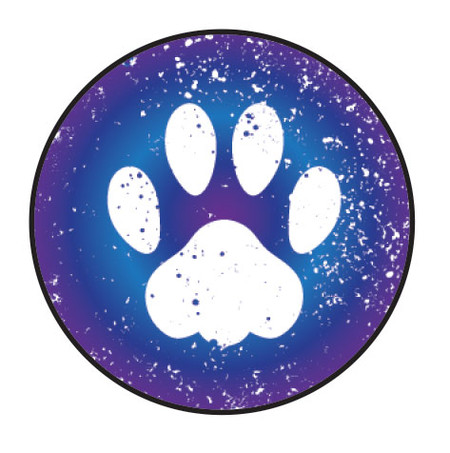 Round veterinary envelope seal featuring a white paw print on a blue and purple speckled background inside a black circular border.


