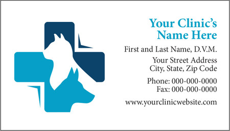Veterinary business card featuring a blue medical cross with white dog and cat silhouettes and clinic contact information on a light gray background.

