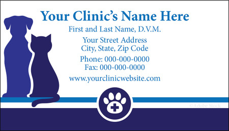 Veterinary business card with dog and cat silhouettes, a paw print medical emblem, and organized contact information for veterinary communication.

