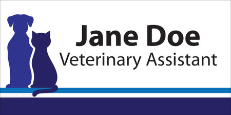 Personalized name tag featuring dark blue dog and cat silhouettes on the left, a blue accent stripe along the bottom, and bold black name and title text on a light gray background.

