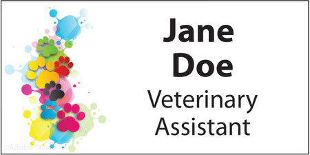 Personalized name tag featuring multicolored paw prints layered with blue, pink, green, yellow, and red paint splash effects along the left side, with bold black custom name and title text.

