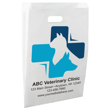 White die-cut handle paper bag featuring a blue veterinary cross with white dog and cat silhouettes centered within the design.

