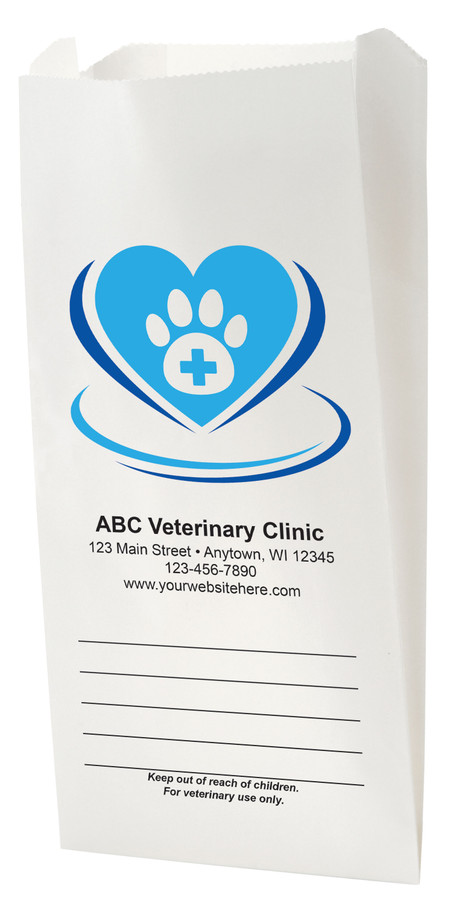 White Paper veterinary prescription bag with heart and paw medical logo.