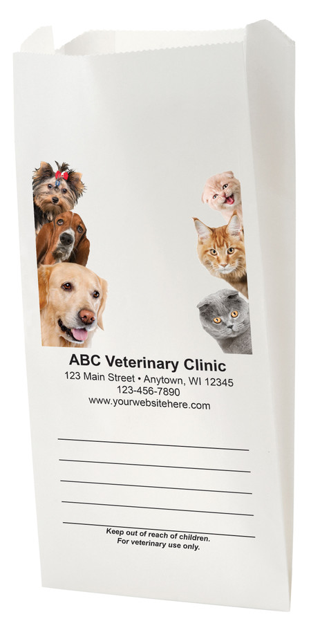 White Paper veterinary prescription bag with cute dog and cat photo peek design.