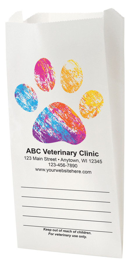 White Paper veterinary prescription bag with bold text.ured paw print design.