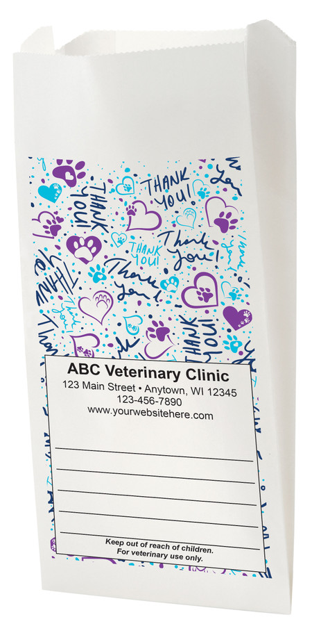 White Paper veterinary prescription bag with stylish Thank You script, hearts, and paw prints.