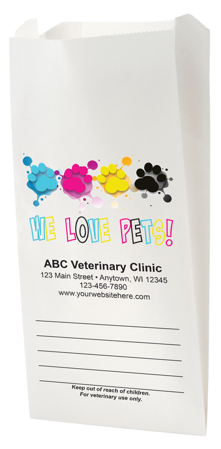 White Paper veterinary prescription bag with bold We Love Pets text. and colorful paw prints.