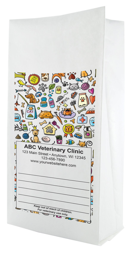 White paper veterinary prescription bag featuring veterinary prescription bags with playful pet supplies doodle pattern