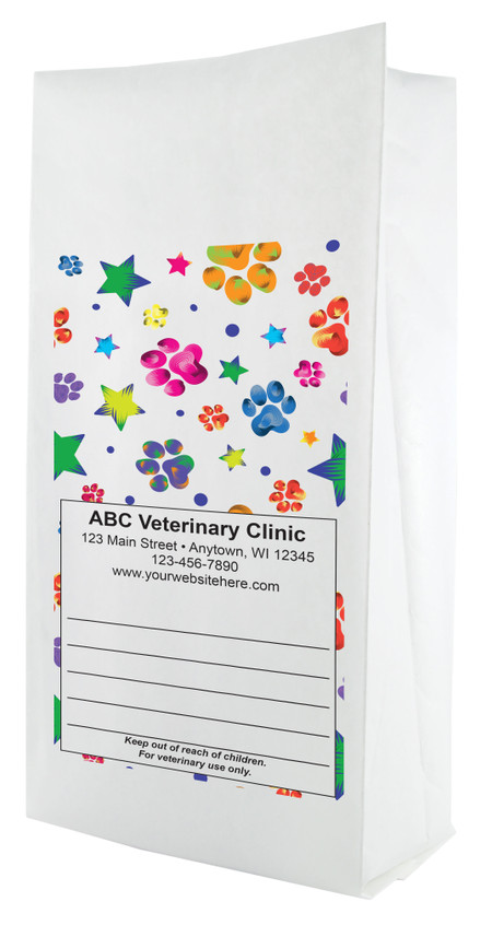 White paper veterinary prescription bag featuring veterinary prescription bags with colorful stars and paw prints pattern