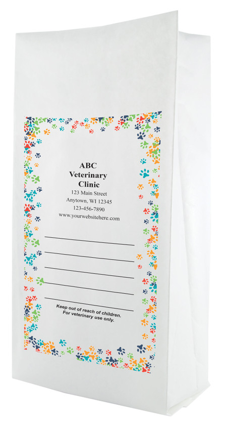 White paper veterinary prescription bag featuring veterinary prescription bags with colorful paw print border design