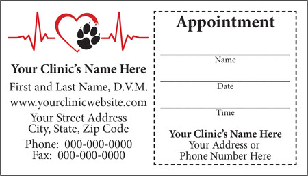 Veterinary sticker appointment business card with red heartbeat line, heart-shaped paw print graphic, clinic information area, and peel-off appointment reminder section.

