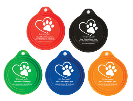 Personalized pet food can cover featuring a heart outline with a large paw print above the phrase "We love pets!" and custom clinic information.

