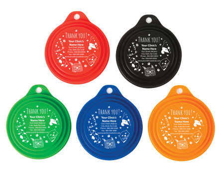 Personalized pet food can cover featuring illustrated dog and cat faces, paw print accents, a thank you message, and custom veterinary clinic contact information.

