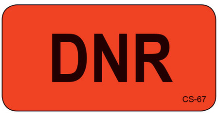 Red veterinary cage sticker with bold black "DNR" text and small CS-67 in corner