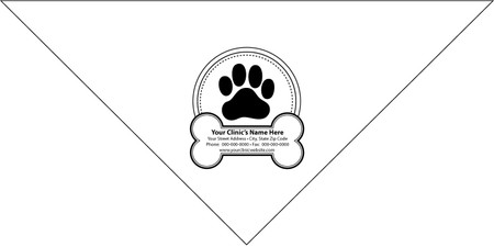 Personalized pet bandana featuring a large paw print inside a circular badge above a dog bone graphic containing a custom clinic name, address, phone number, fax number, and website.

