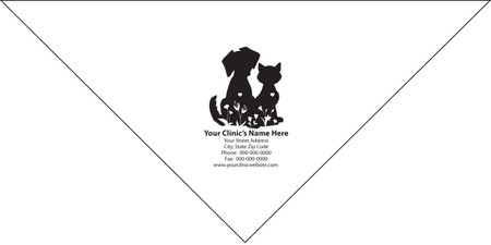 Personalized pet bandana featuring a dog and cat silhouette with floral and heart accents above a custom clinic name, address, phone number, fax number, and website.

