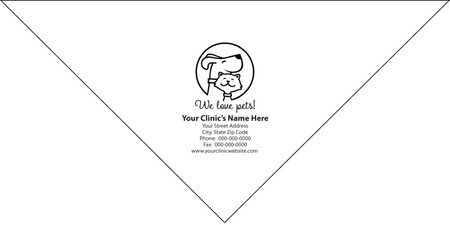 Personalized pet bandana featuring a line-art dog and cat inside a circular outline above the phrase "We love pets!" with custom clinic name, address, phone number, fax number, and website information.


