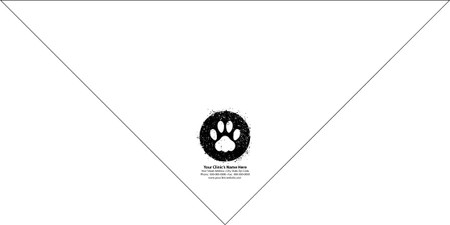 Large personalized pet bandana featuring a bold paw print centered inside a distressed circular background with custom clinic name and contact information printed below.

