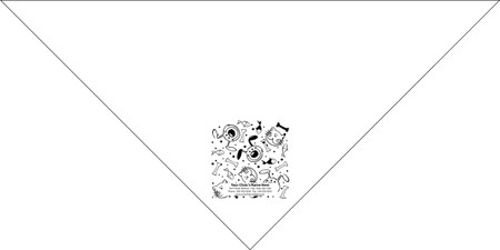 Large personalized pet bandana featuring pet-themed doodles including cats, fish, bones, yarn, paw prints, and pet accessories surrounding a custom clinic information imprint area.

