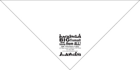 Large personalized pet bandana featuring rows of dog and cat silhouettes above and below the phrase "BIG or small we love them ALL!" with custom veterinary clinic information in the center.

