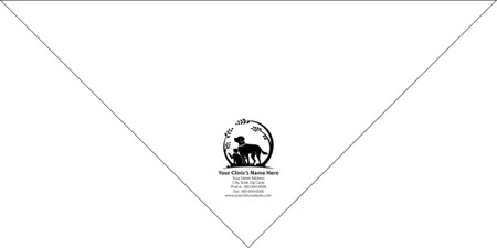 Large personalized pet bandana featuring a dog and cat silhouette inside a circular leafy border with custom clinic name, address, phone number, fax number, and website information below.

