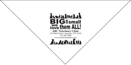 Personalized pet bandana featuring silhouettes of multiple dogs and cats above and below the phrase “BIG or small we love them ALL!” with custom veterinary clinic name, address, phone number, and website information.

