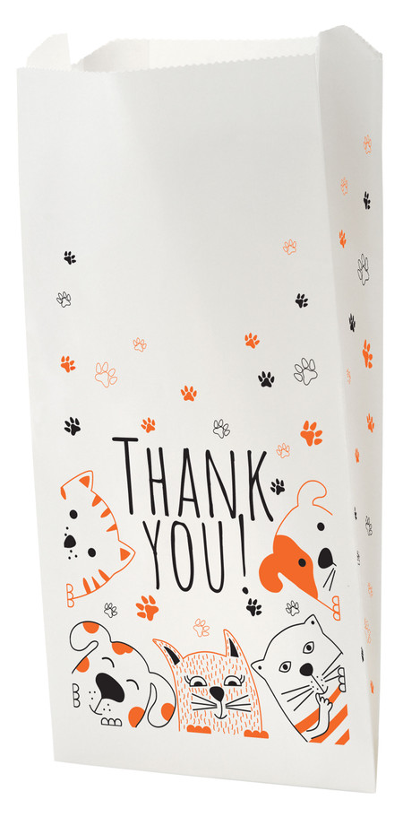 White veterinary bag with “THANK YOU!” text, dog and cat illustrations, and orange and black paw prints
