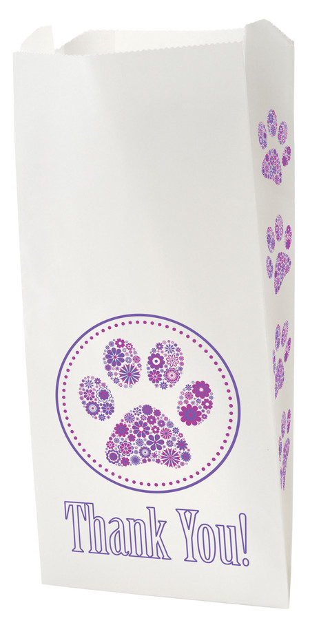 White veterinary bag with purple floral paw print inside a circle and “Thank You!” text