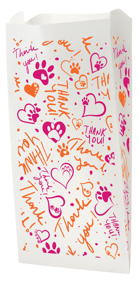 White veterinary bag with pink and orange “Thank you!” text, hearts, and paw prints in a scattered pattern