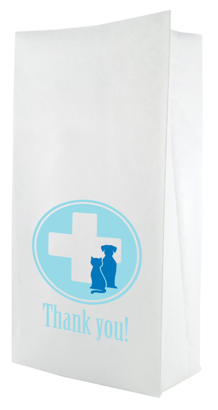 A flat bottom bag with a white background features a blue medical cross with silhouettes of a dog and cat inside, along with the text “Thank you!” displayed beneath.

