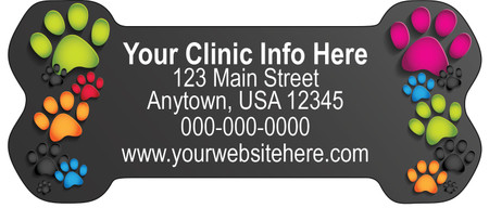 Bone-shaped veterinary die-cut magnet featuring a vibrant multicolor paw print with paint splatter effects and personalized clinic information.

