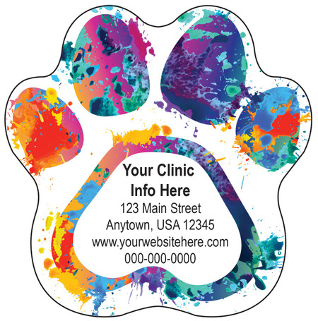  Colorful paw print die-cut magnet featuring multicolor paint splashes surrounding a white center personalization area with clinic contact information.