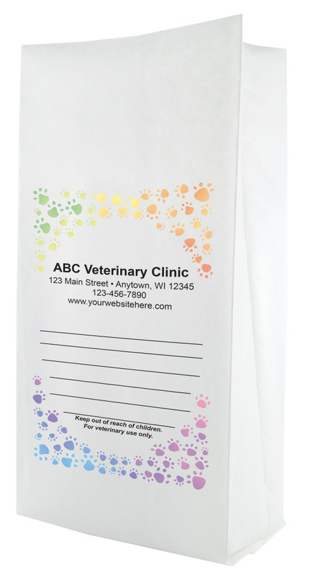 White paper veterinary prescription bag featuring veterinary prescription bags with gradient paw print border design