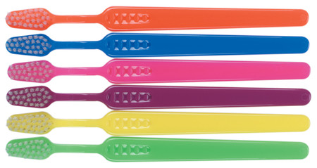 Assorted small pet toothbrushes shown in orange, blue, pink, purple, yellow, and green with white bristles, triangular brush heads, and blank handle imprint areas for custom personalization.

