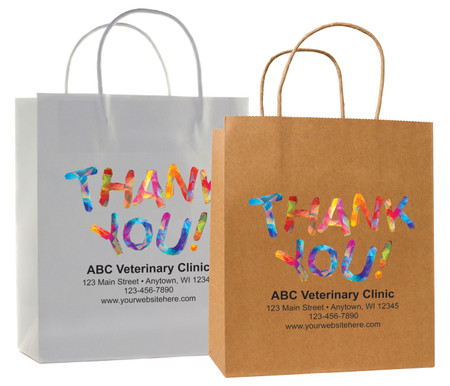 veterinary handled bag with vibrant geometric thank you design