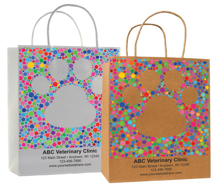 veterinary handled bag with colorful dot paw print design