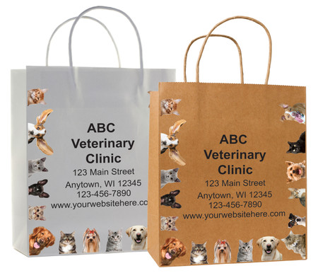 veterinary handled bag with playful dog and cat photo collage border