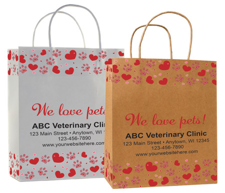 veterinary handled bag with red hearts and paw prints we love pets design