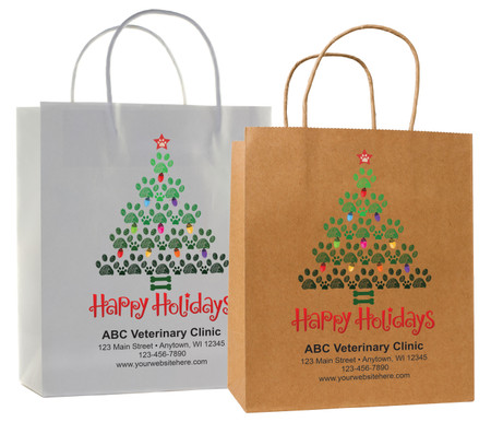 veterinary handled bag with paw print christmas tree happy holidays design