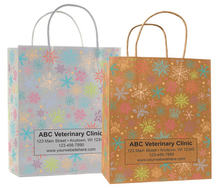 veterinary handled bag with colorful paw prints and snowflake pattern