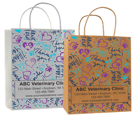 veterinary handled bag with playful thank you hearts and paw print design