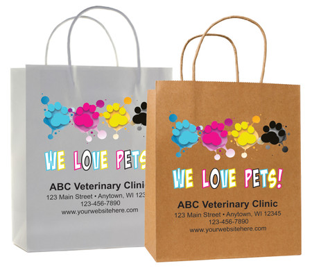 veterinary handled bag with colorful paw prints and we love pets design