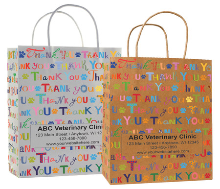 veterinary handled bag with colorful thank you typography and paw accents