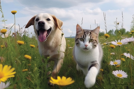 Dog and cat walking through a meadow filled with yellow and white wildflowers.
