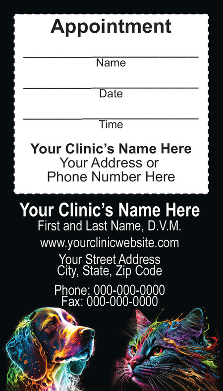 Veterinary sticker appointment business card with colorful artistic dog and cat portraits, black background, and peel-off appointment reminder section.

