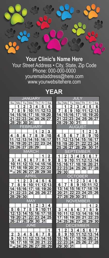 Colorful paw print slim calendar with blue, green, orange, pink, and red paw graphics on a dark gray background, year calendar grid, and personalized business imprint area.