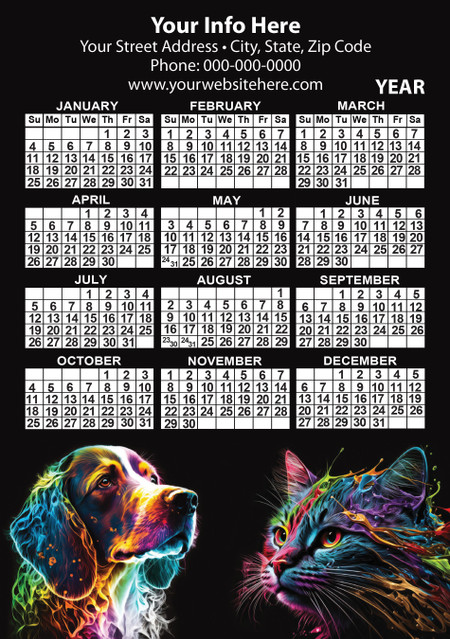 Wide personalized calendar featuring colorful dog and cat portraits on a black background, white year calendar grid, and custom business imprint area at the top.
