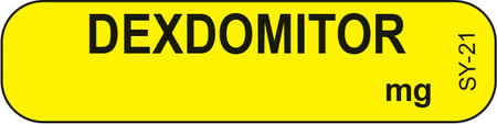  Yellow DEXDOMITOR syringe label with bold black centered text